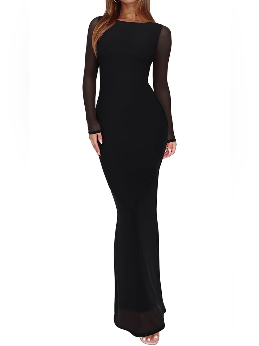 Elegant Black Long-Sleeve Mesh Evening Gown